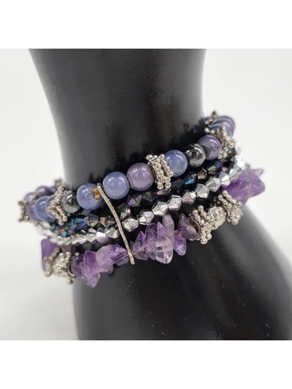 Amethyst Chips Bracelet Purple & Silver Multi-Strand Beaded 1" Wide